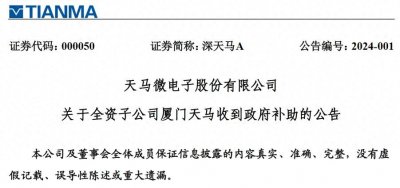 ​厦门天马微电子有限公司收到研发补贴资金3亿元