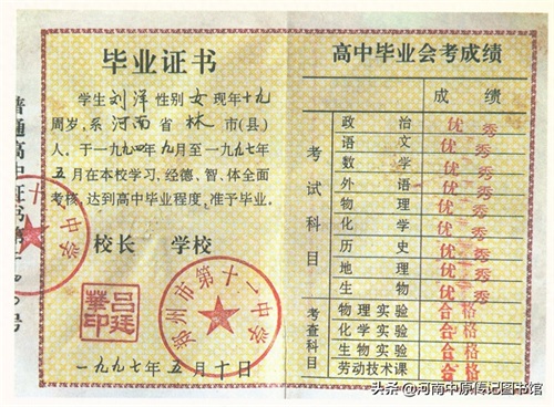 （6）太空女英雄刘洋老照片，图4刘洋高考准考证